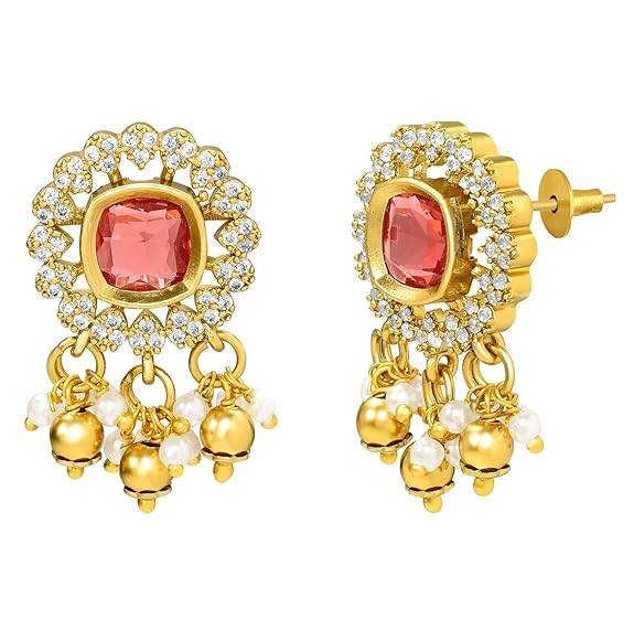 Red Ethnic Necklace Earrings For Women & Girls Gold Plated Faux Ruby Cz & Pearl Studded Festive Bridal Jewellery Bi : PF76N06R