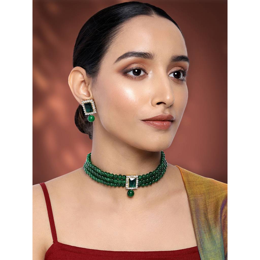 Peora Gold Plated Indian Traditional Crystal Pearl Beaded Choker Necklace Jewellery Set For Women : PF24N02G-1