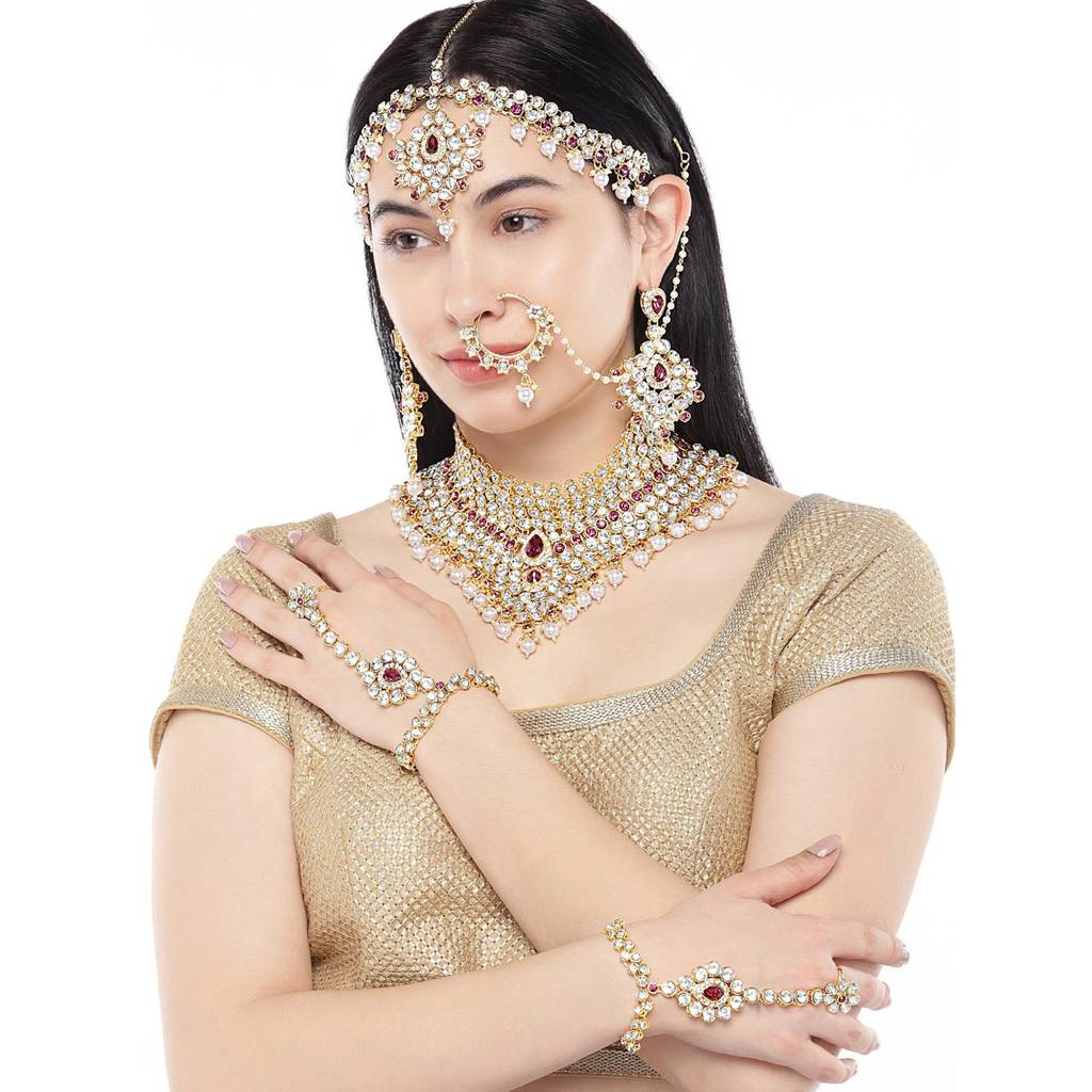 Peora American Diamond Studded Jodha Akbar Bridal Choker Necklace Traditional Jewellery Set Gift For Women Gi : PF37BRBLP021PK