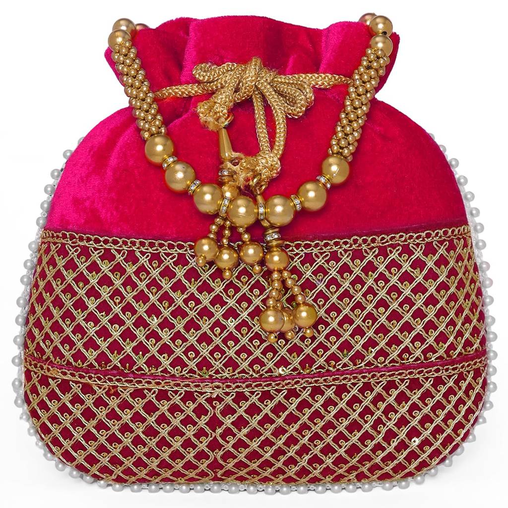 Zari Sequence Potli Bag With Beads Motif Handle For Women Handmade Handbag Stylish Bride Fashion Wristlet Bag For G : P197RP-F