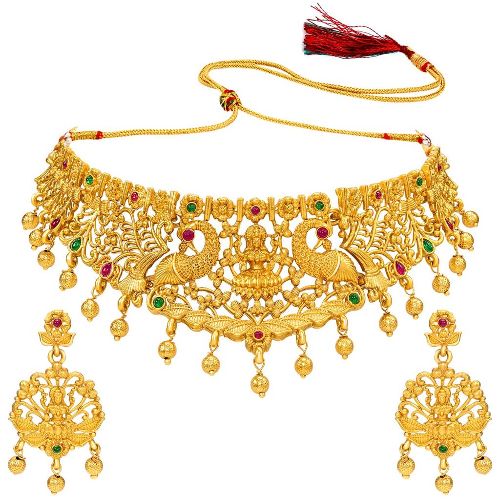 Rani Pink Green Lakshmi Motif Necklace Earrings Set For Women & Girls | Gold Plated | Faux Ruby Emerald Studded |  : PF04N54RG