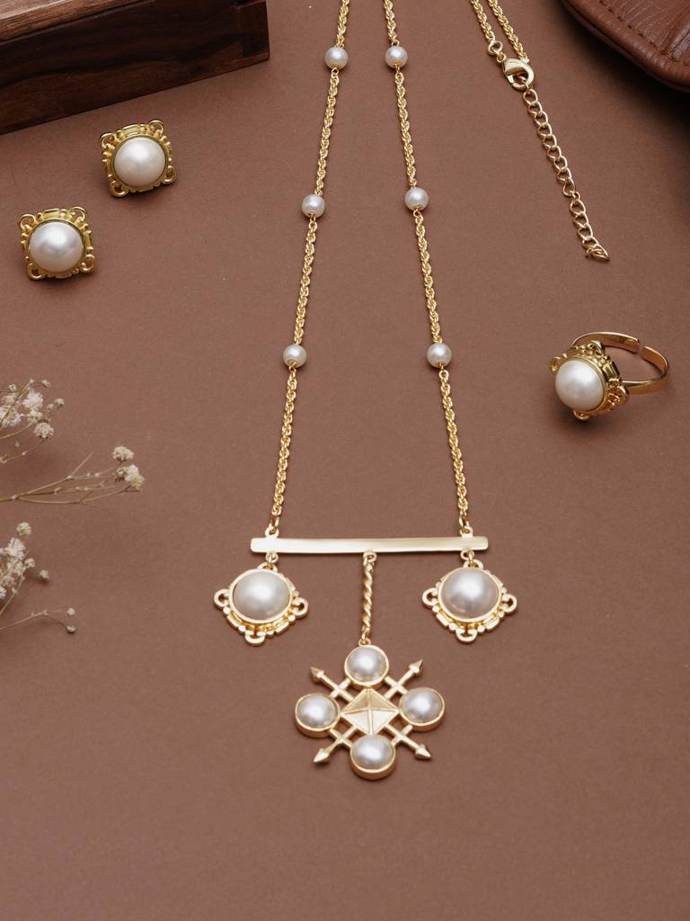 Pearl Compass Pendant Necklace Set With Matching Earrings & Ring : ACN516ACE516ACR516