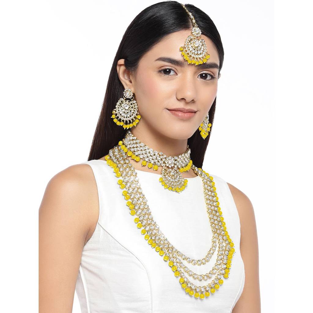18K Gold Plated Kundan Faux Bead Bridal Necklace Jewellery Set For Women Girls : PF25BR106Y