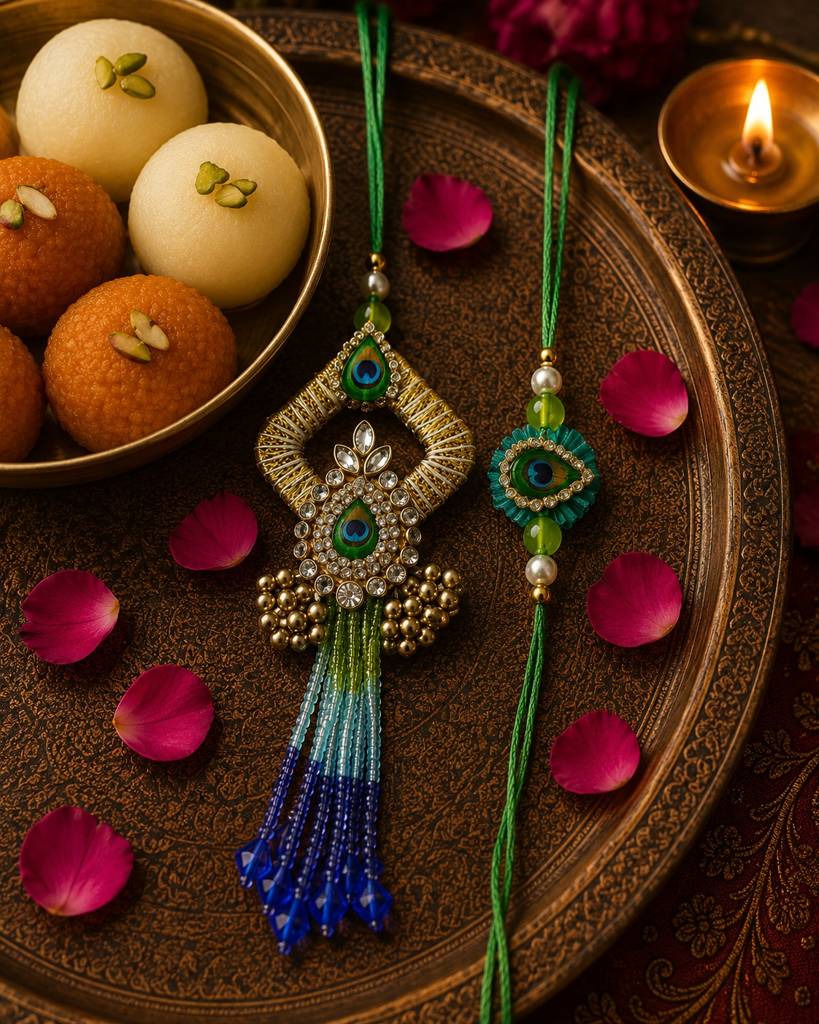 Emerald Peacock Charm Rakhi Set : ANRK047