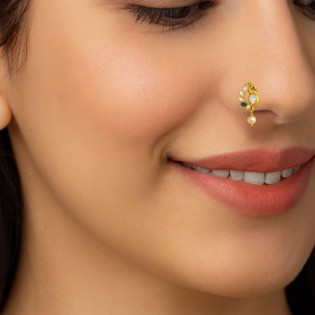 Colorful Peacock Motif With Pearl Drop Nose Pin 925 Sterling Silver Gold Plated : NP-0031-N-1-snp-0026