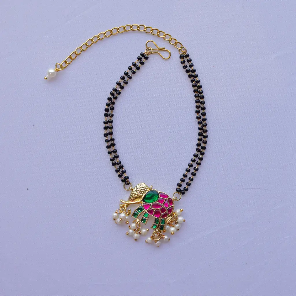 Handcrafted Double Layer Black Bead Hand Mangalsutra With Kundan & Meenakari Elephant Charm : MS-ELE-02