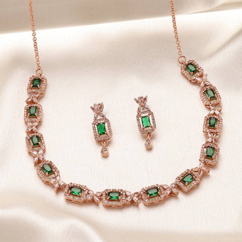 Graceful Radiance: Rose Gold Finish Green American Diamond Necklace Set – Featherlight Signature Jewelry For : AD-837-RGGNNKER