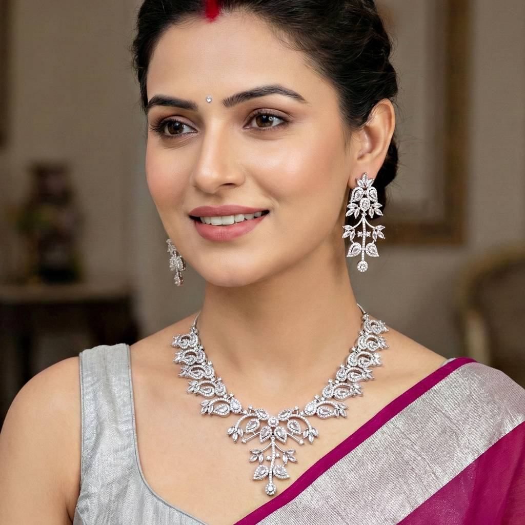 Silver-Tone American Diamond Necklace Set With Earrings For Women – Office, Party & Wedding Wear : 1948-K4SA-2241-W-S