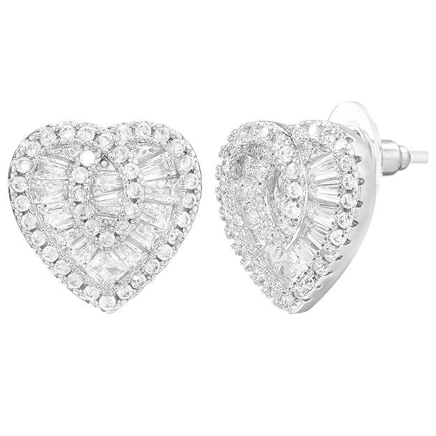 Silver Plated Crystals Studded Heart Shape Stud Earrings For Women : PX9E3144S