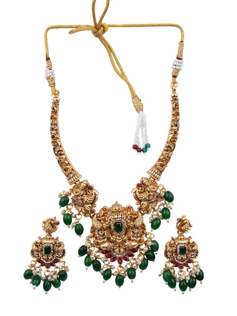 Classic South Indian Temple Golden Necklace Set : SATJS368GREEN