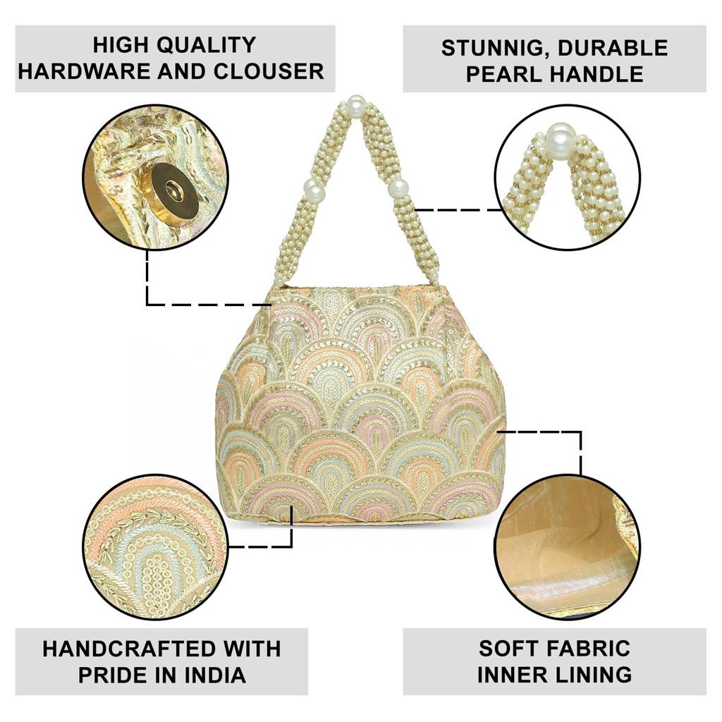Sequins Motifs Potli Bag For Women Handmade Wristlet Handbag Stylish Bridal Purse Fashion Bag For Girls : P206CRM-L