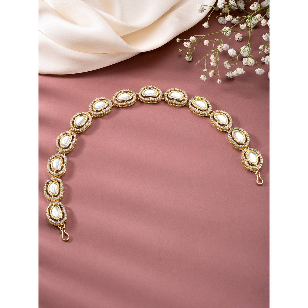 Peora Gold Plated White Cz And Synthetic Stone Studded Mathapatti Sheeshpatti Hair Accessories Traditional Jeweller : PF09T093