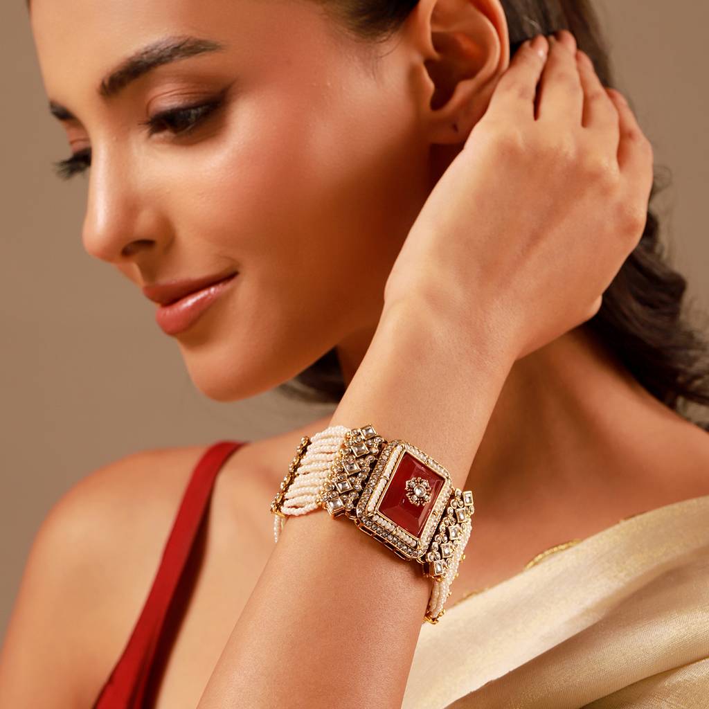 Kundan Opulance Maroon Cz Pearl-Beaded Yellow Gold-Plated Bracelet : 8905124585469