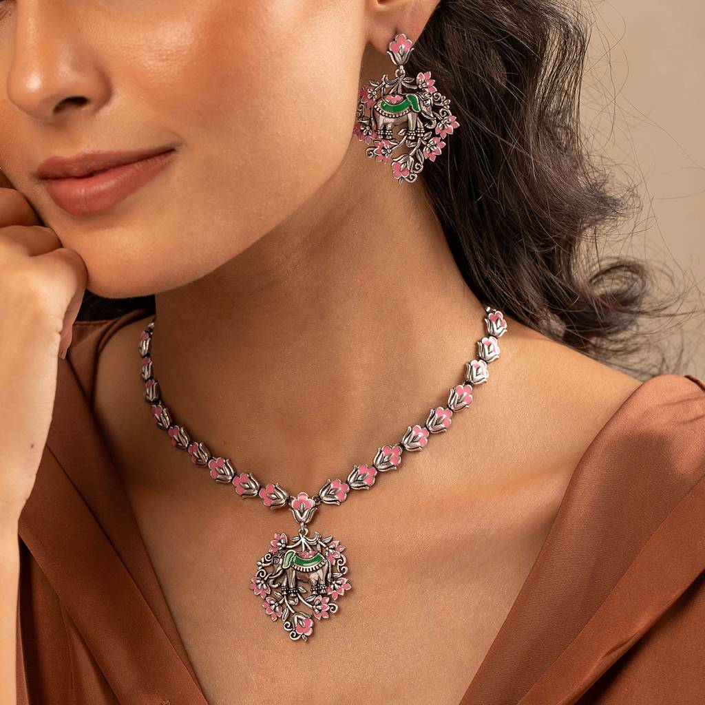 Madhubani Gajraj Garden Oxidised Enamel Necklace Set : 8905124560763