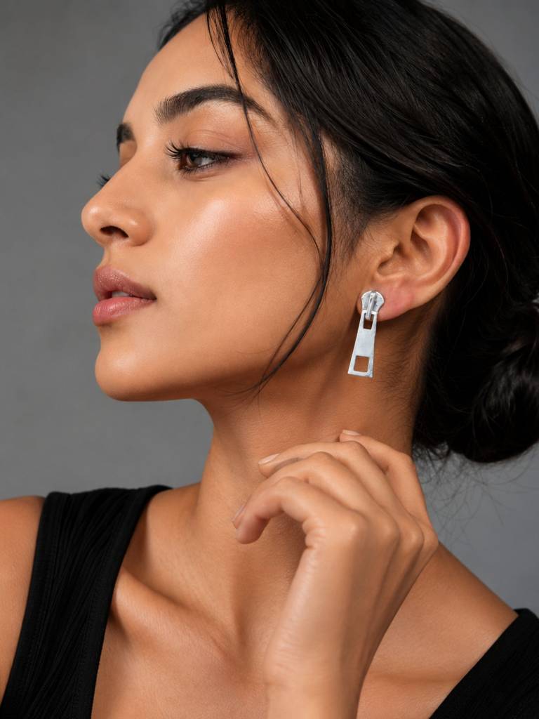 Silver Oxidised Quirky Zip Puller Earrings : DTINDZIPPER-01
