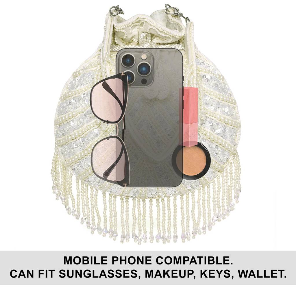 White Pearl Embellished Potli Bag For Women With Handcrafted Tassel Bag Ethnic Bride Purse With Drawstring : P196W-1-F