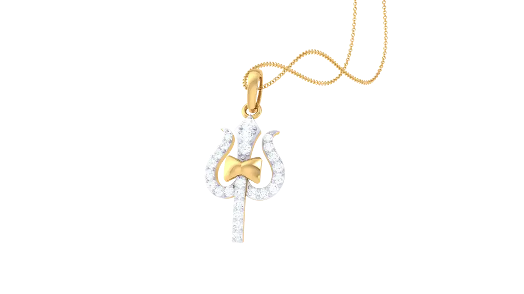 Trishul Diamond Men'S Pendant | Sacred Trident Design With Round Brilliant Diamonds : PD-CC-CZP-50-YE-Silver925-LabD