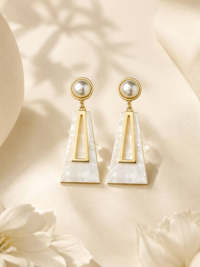Pearl Geometric White Gold Drop Earrings : AN-LJ-WH-0083-DE
