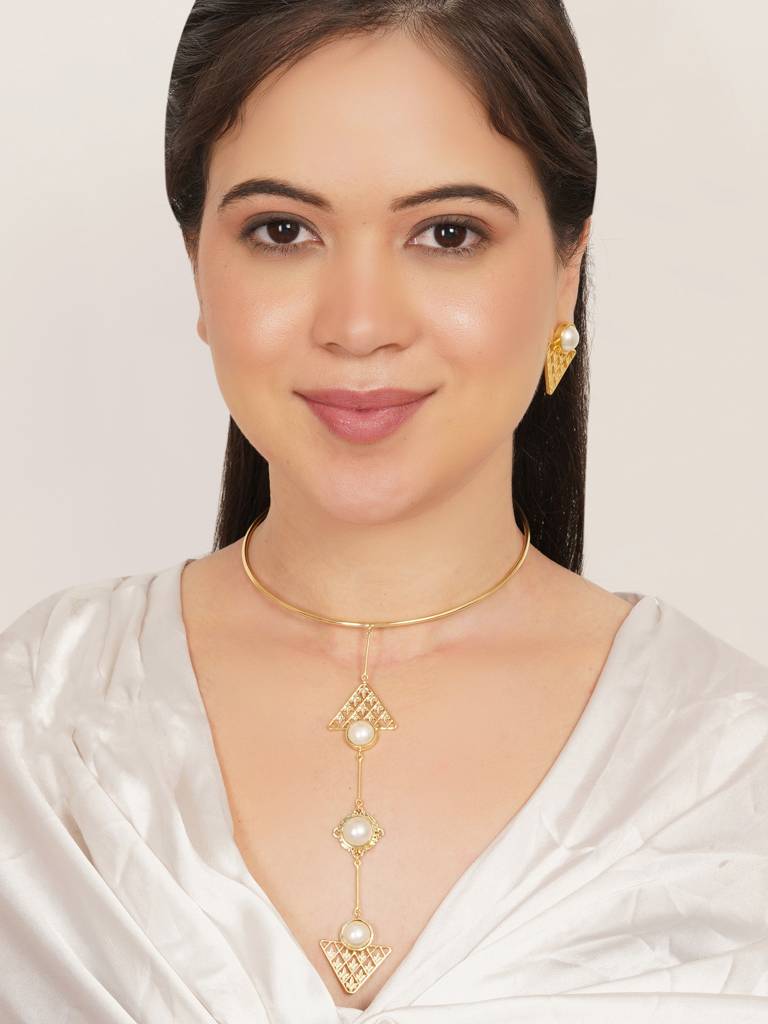 Pearl Geometric Drop Necklace Set With Matching Earrings : ACN517