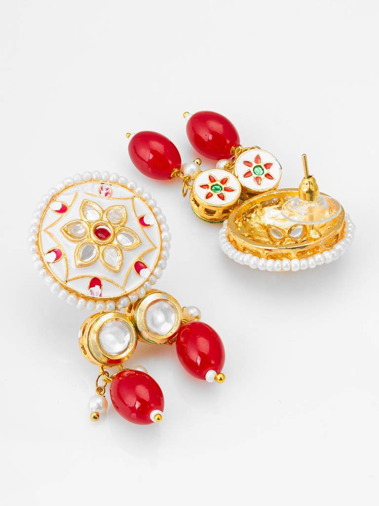 White Meenakari Kundan Pendant Necklace Set With Seed Beads And Red Stone Earrings : NK4379