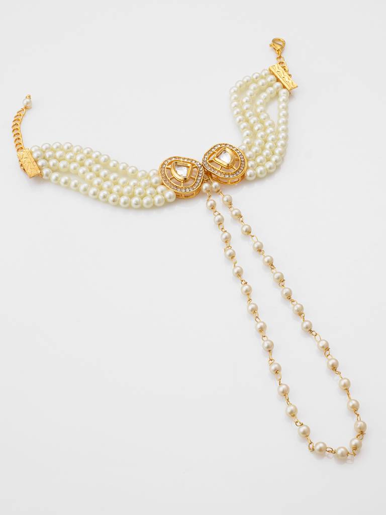 Gold Plated Kundan & Pearl Haathphool Bracelet Â€“ Dual Teardrop Hand Harness Jewelry For Women & Brides : BG2593