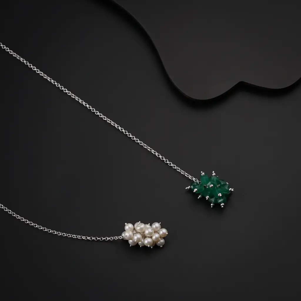 Silver Tie & Wear Necklace With Pearls & Green Onyx : 95895703