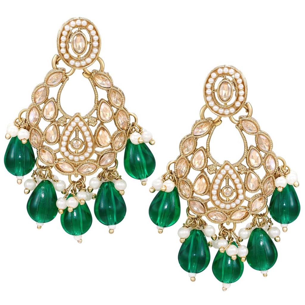 Ethnic Gold Plated Green Crystals Studded Dangler Earrings For Women : PF09E1605G