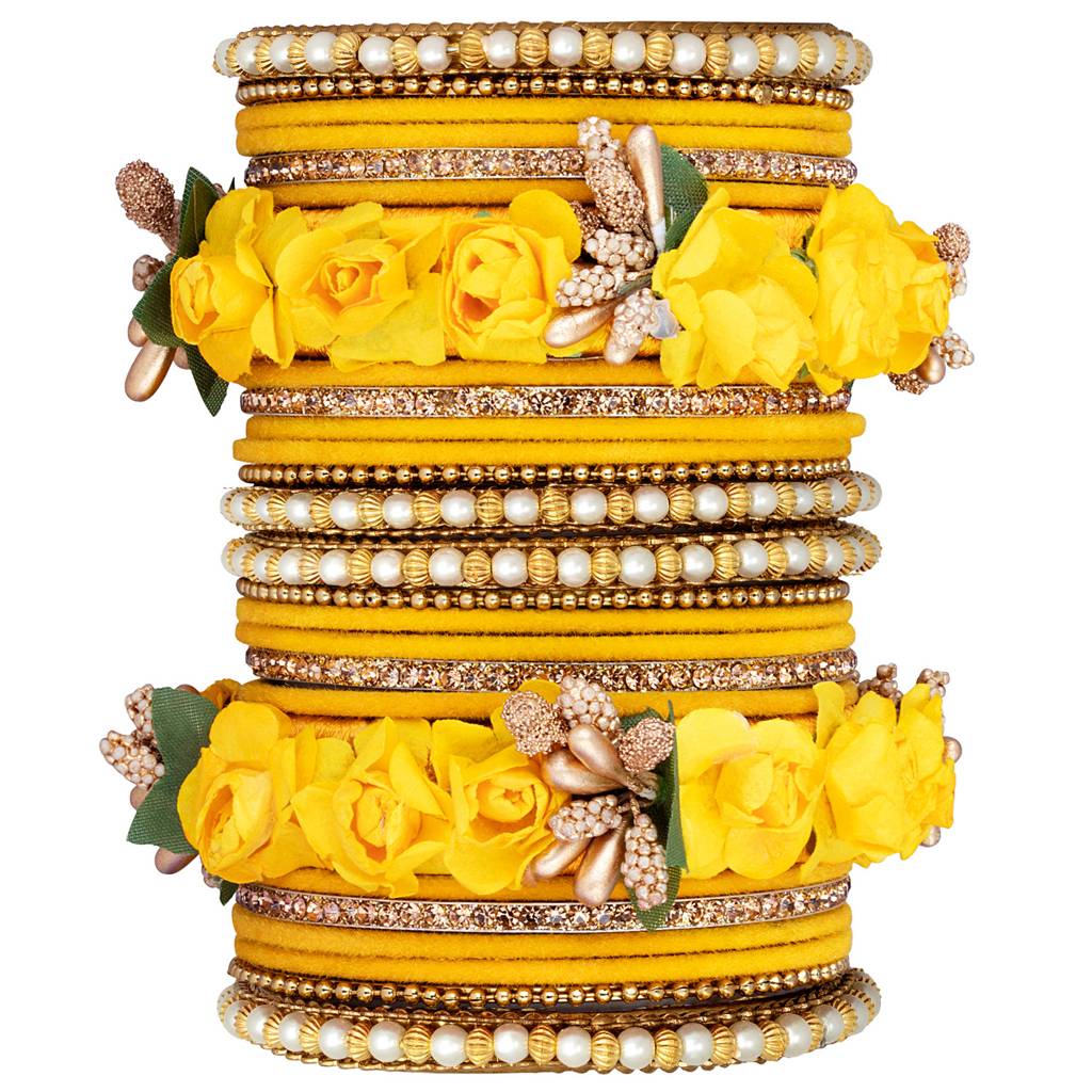 Golden Rose Flowers Decorative Bangle Set Bridal Chuda Indian Ethnic Jewellery For Women : PF51B22Y