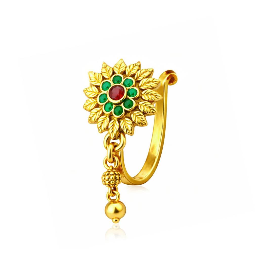 Red & Green Stone Floral Clip-On Nose Pin 925 Sterling Silver Yellow Plated : CNP-0009
