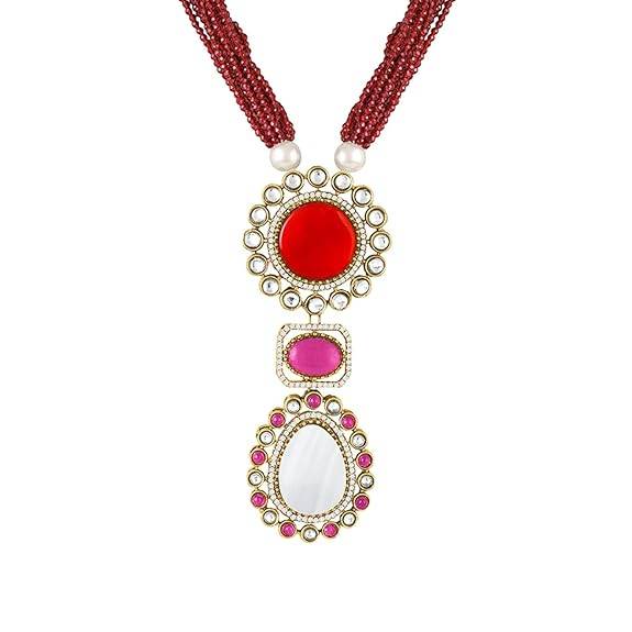 Green Pendant Style Necklace Earrings Set For Women & Girls Gold Plated Faux Emerald Mother Of Pearl & Beads Festi : PF77LS02M