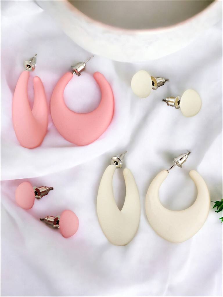 4 Pairs Combo Earrings- Pink And White Color Plastic Studs And C Shaped Drops : 190-CHEX-1015-4
