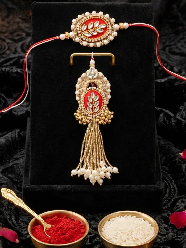 Designer Red Kundan Bhaiya Bhabhi Rakhi Set | Gold Lumba Tassel & White Beaded Matching Rakhi : 216-S7R1-PJ7001-M