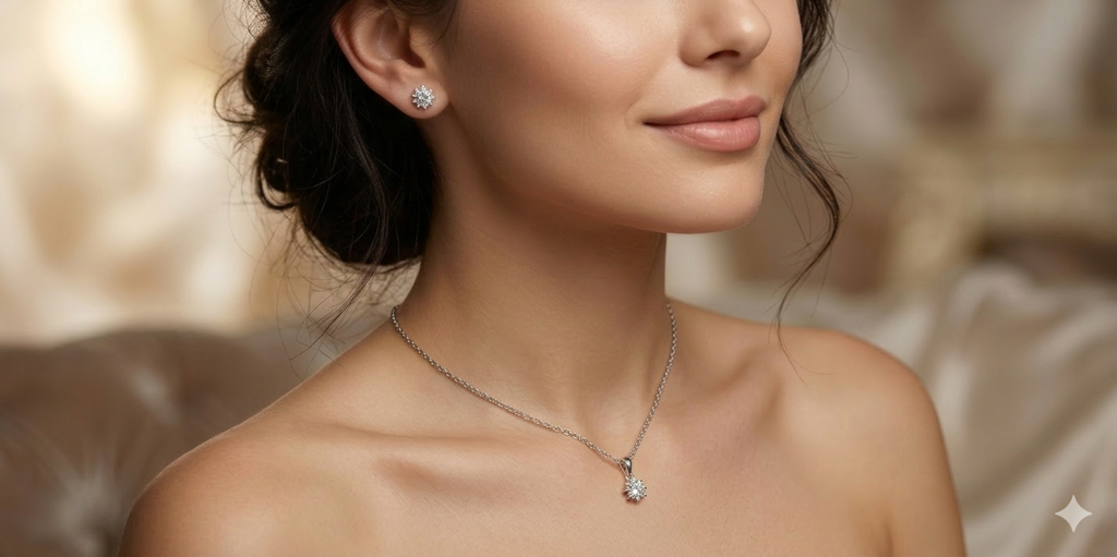Silver  Celestial Star-Burst Pendant & Earring Set With Chain : SMK-PD-SET-006-CHN
