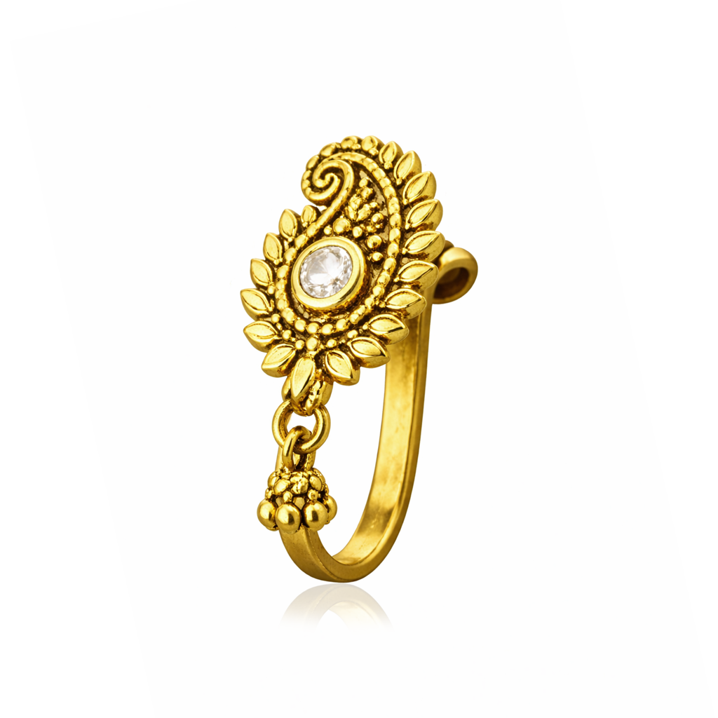 Traditional Leaf Motif Clip-On Nose Pin 925 Sterling Silver Yellow Plated : CNP-0031