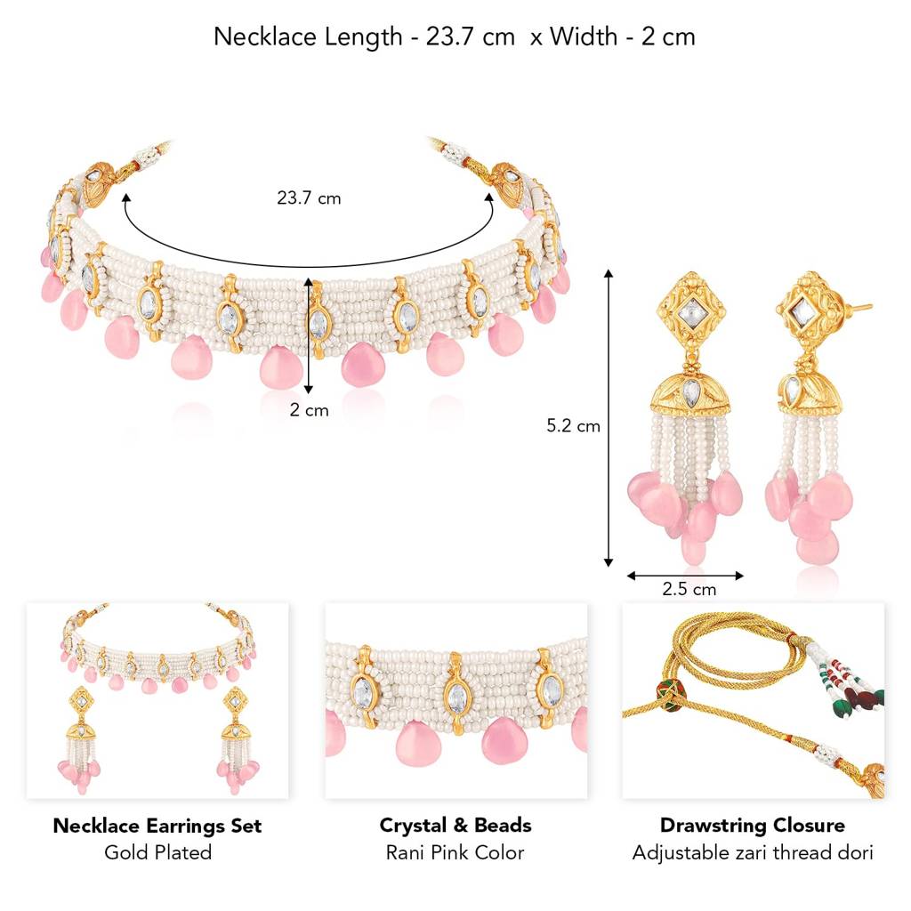Gold Plated Pink Crystal & Beads Studded Ethnic Necklace Earrings Set Jewellery For Women & Girls : PF104N17PK