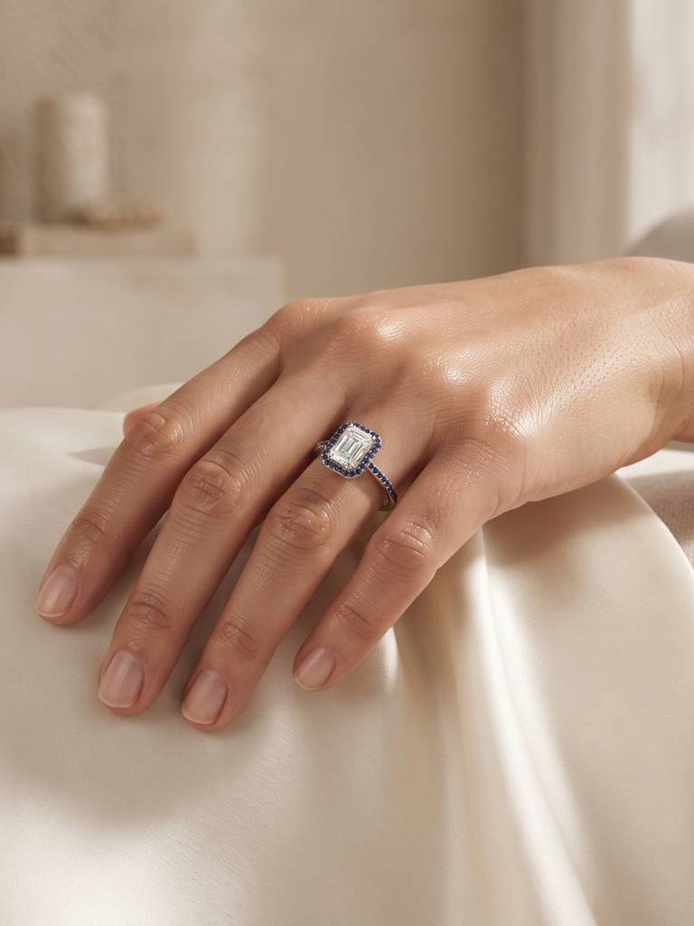 925 Sterling Silver Sapphirelle Azure Emerald-Cut Halo Ring For Women : R-69-6