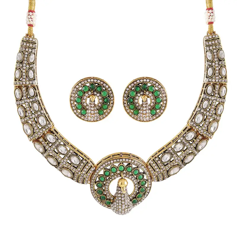 Kanak Dhara Emerald Temple Necklace Set With Maang Tikka : OSJJ-016-IG-NKERTK