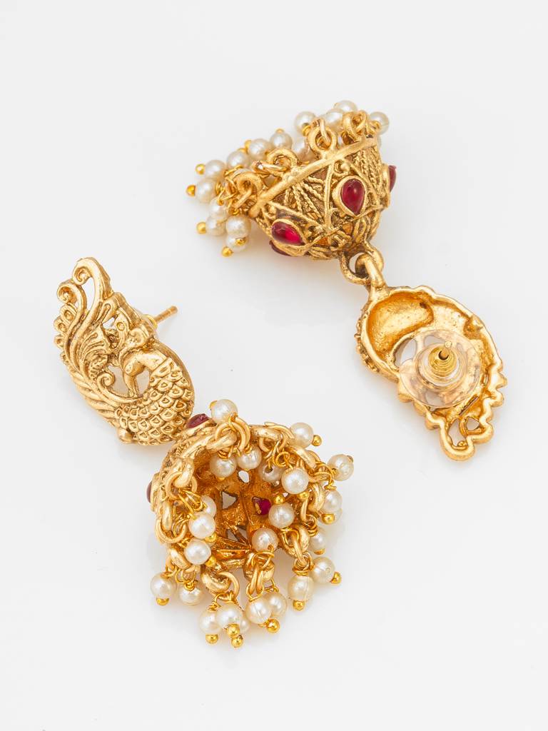 Nakshi Temple Long Rani Haar With Peacock Motif Pendant With Stones And Pearl Drop Earrings : NK4695