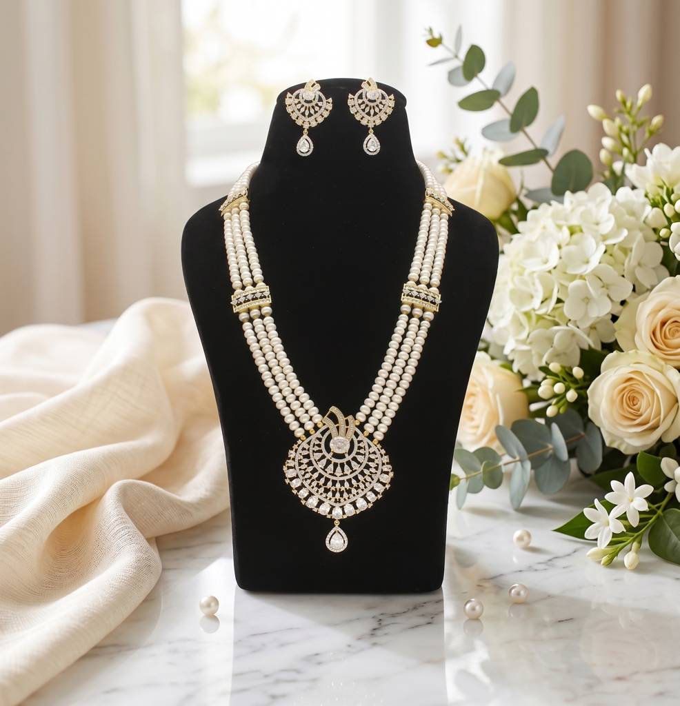 Multi-Strand Pearl Rani Haar With Diamond Pendant : JPAPR-26-004