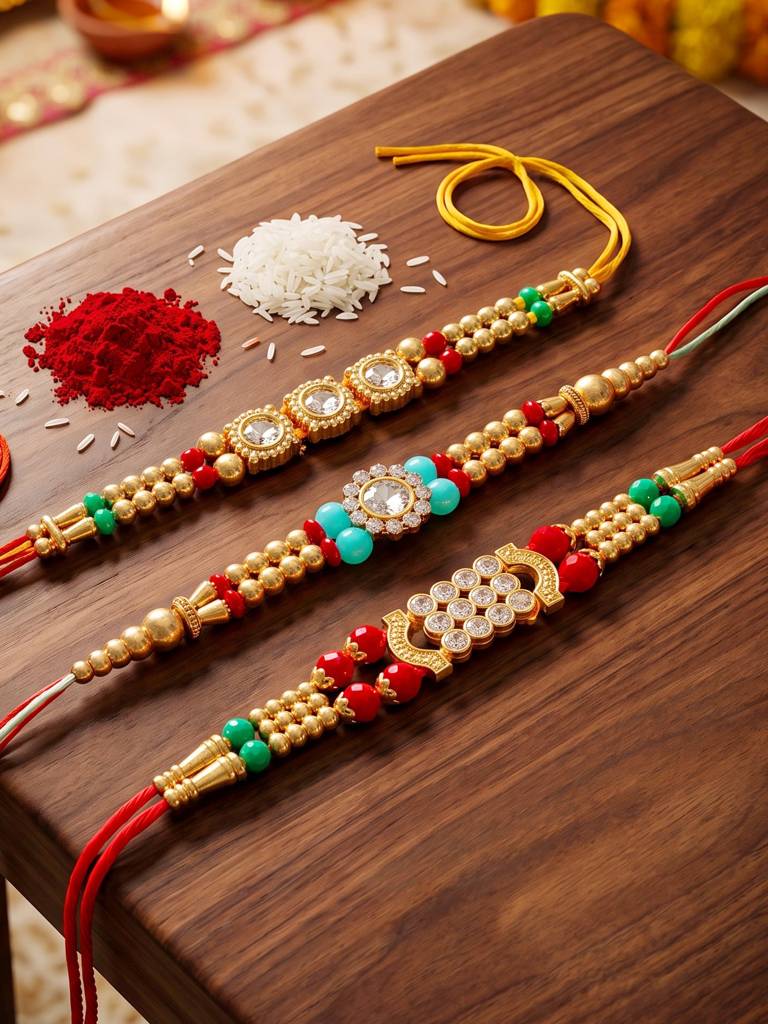 Lucky Jewellery Set Of 3 Rakhi With Small Crystal Centerpieces, Gold-Tone & Colored Beads, Roli Chawal & Card : 48-S7R1-2312-3