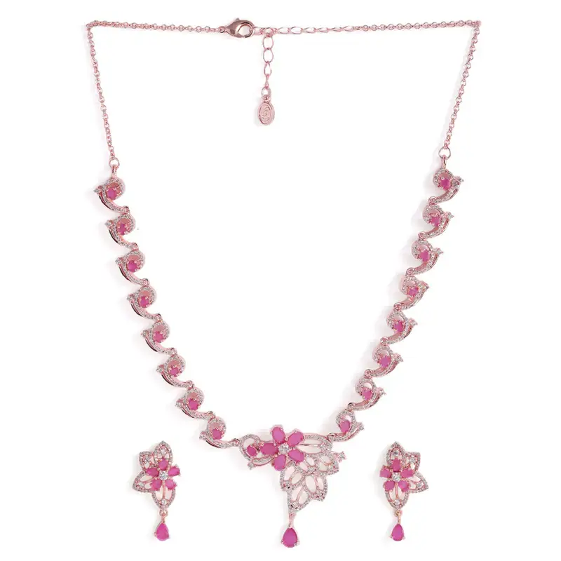 Cz Floral Statement Necklace Set | Grand Festive & Cocktail Jewellery : AD-937-RGRB-NKER