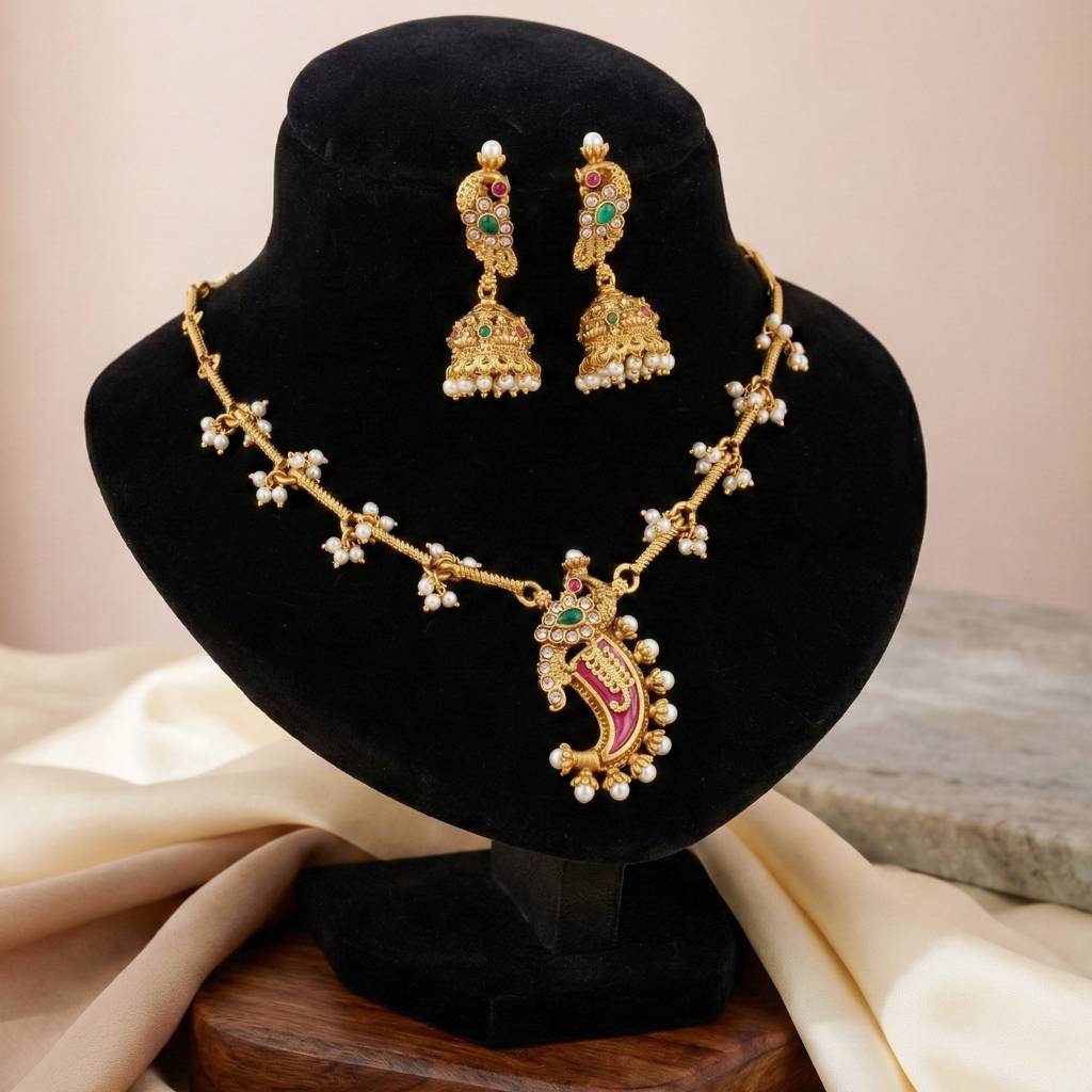 Traditional Gold-Tone Pendant Necklace Set With Jhumka Earrings | Pink Enamel Meenakari Detailing & Green St : 689-ISR-2182-RG