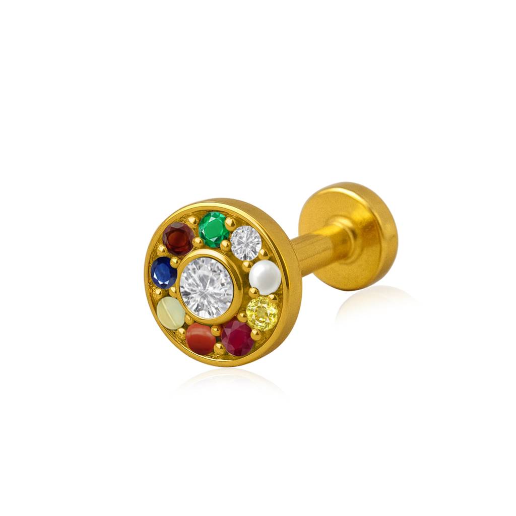 Navratna Classic Round Multi Gemstone Nose Pin 925 Sterling Silver Gold Plated : 0012-NP-snp-0063