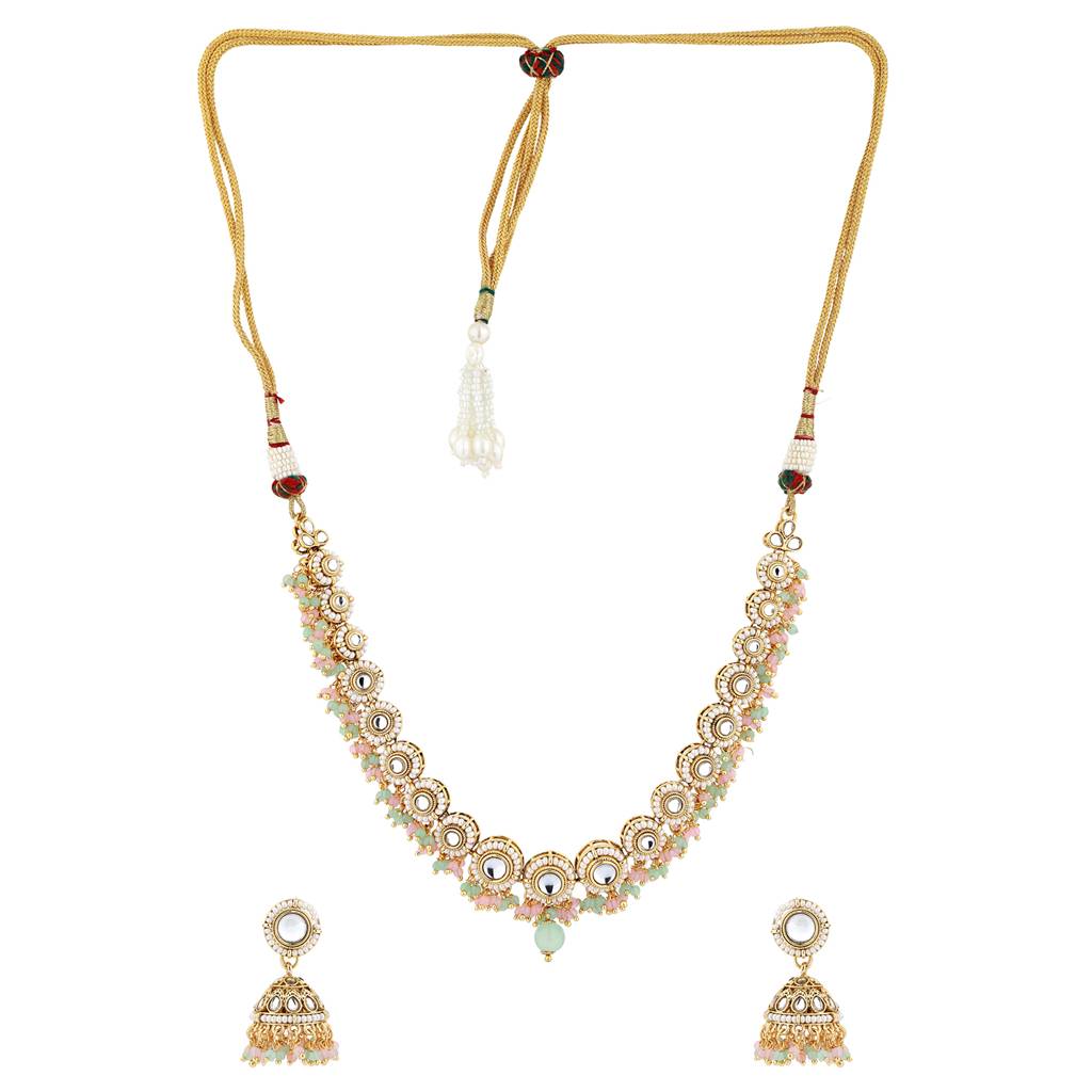 Kundan Opulance Light Pink Pearl-Beaded Circle Motif Yellow Gold-Plated Necklace Set : 8905124585346