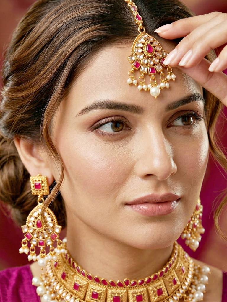 Gold-Plated Traditional Choker Necklace Set With Earrings & Maang Tikka For Women | Ruby Color Ethnic Bridal  : 866-G2SR-006-R