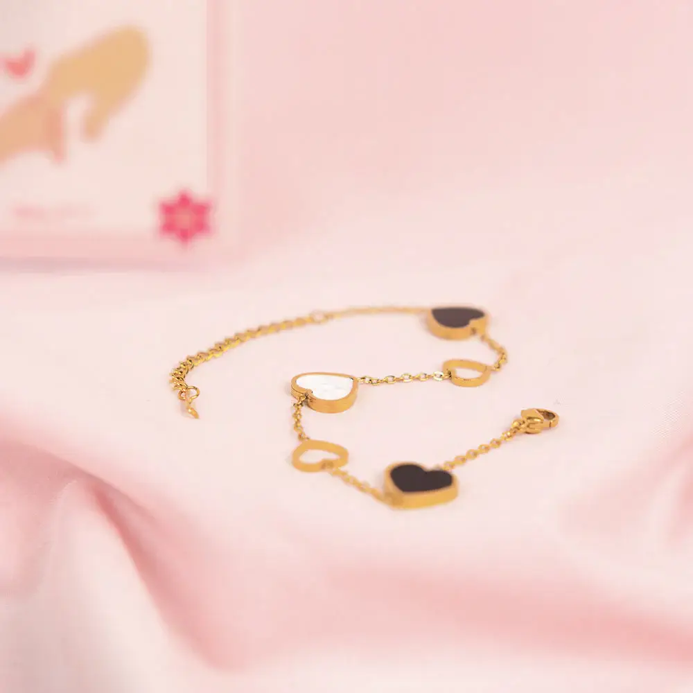 Heart Charm Bracelet With Clover Necklace & Ring Set For Mothers : BNRC-267-G-1