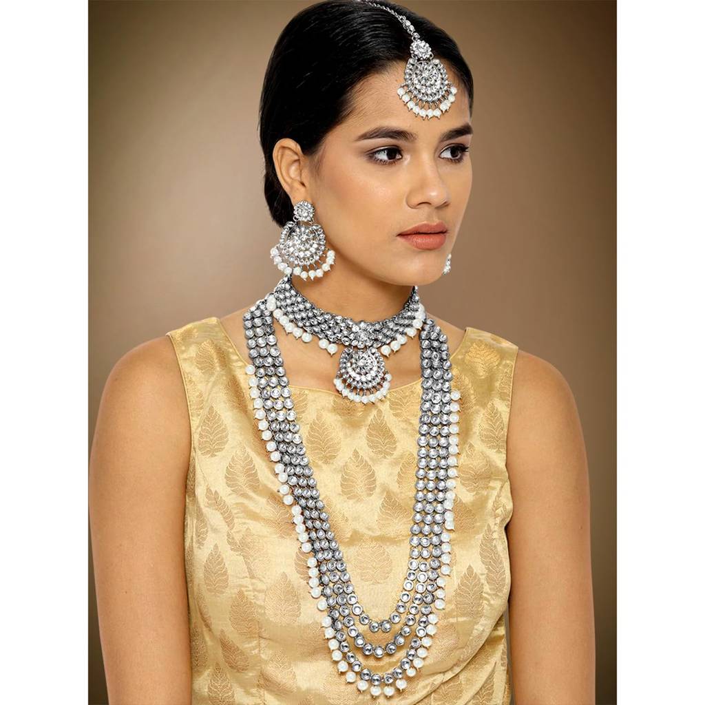 18K Gold Plated Kundan Faux Bead Bridal Necklace Jewellery Set For Women Girls : PF25BR106RW