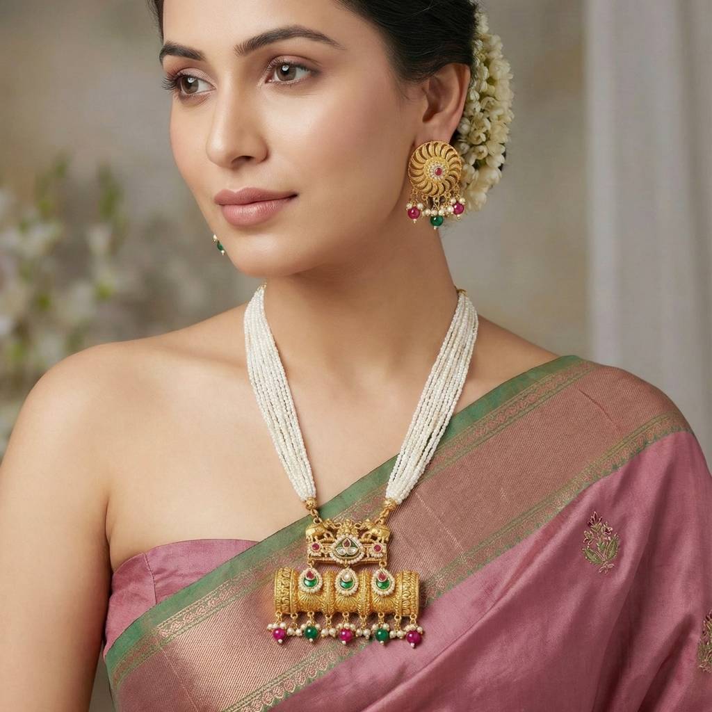Gold-Tone Temple Pearl Necklace Set With Matching Earrings – Traditional Party & Wedding Wear : 1215-KSM-35204-RG