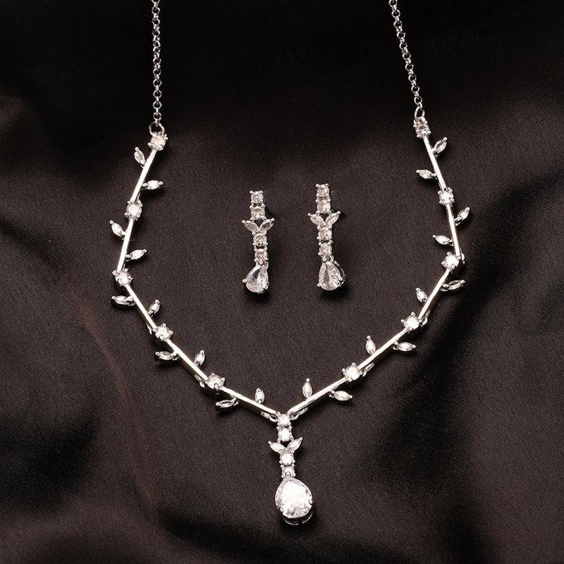 Elegant Rhodium Plated White American Diamond Vine Design Necklace Set – Timeless Lightweight Jewelry For Br : AD-854-IRWENKER