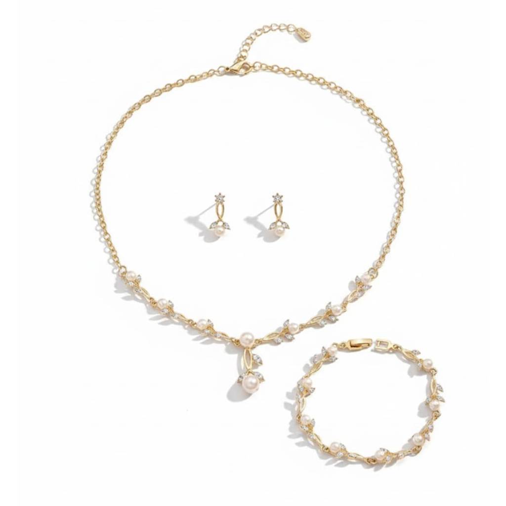 Gold Plated Pearl Studded Floral Necklace Earrings Bracelet Set Fancy Contemporary Jewellery For Women & Girls : PX9N250GW